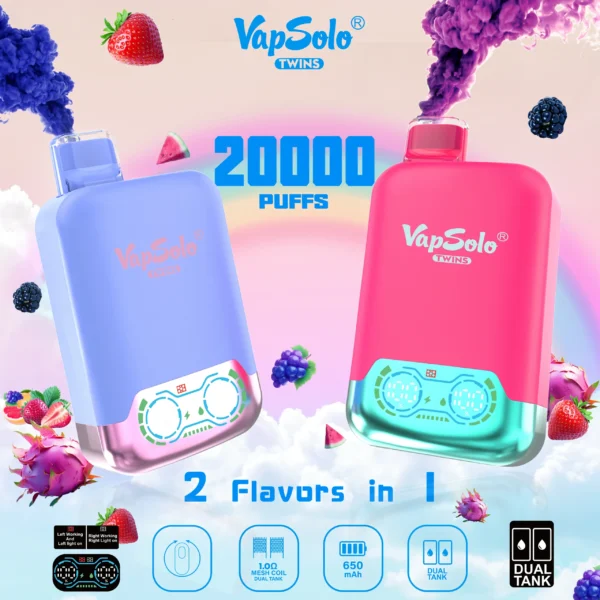 VapSolo Twins 20000 Puffar 2% 5% Uppladdningsbara engångsvapes med låg nikotinhalt Penna Bulk Köp Partihandel - FishVape - 1