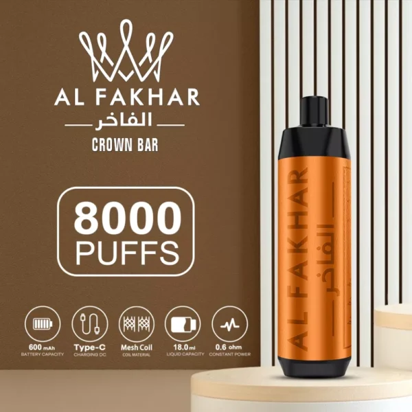 Al Fakhar Crown Bar 8000 Puffs Big Cloud DTL 2% Stylo à vape jetable rechargeable à faible teneur en nicotine en vrac Acheter en gros - FishVape - 1