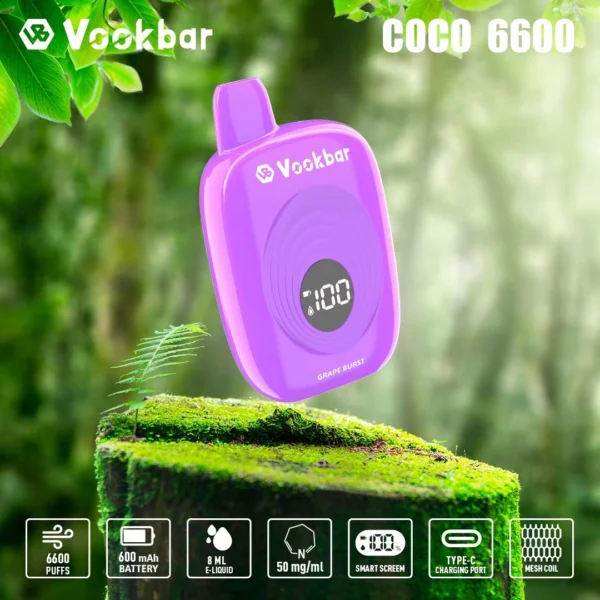 Vookbar Coco 6600 Puffs Pantalla inteligente digital 3% Vapes desechables recargables con bajo contenido de nicotina Pluma Compra a granel al por mayor - FishVape - 6